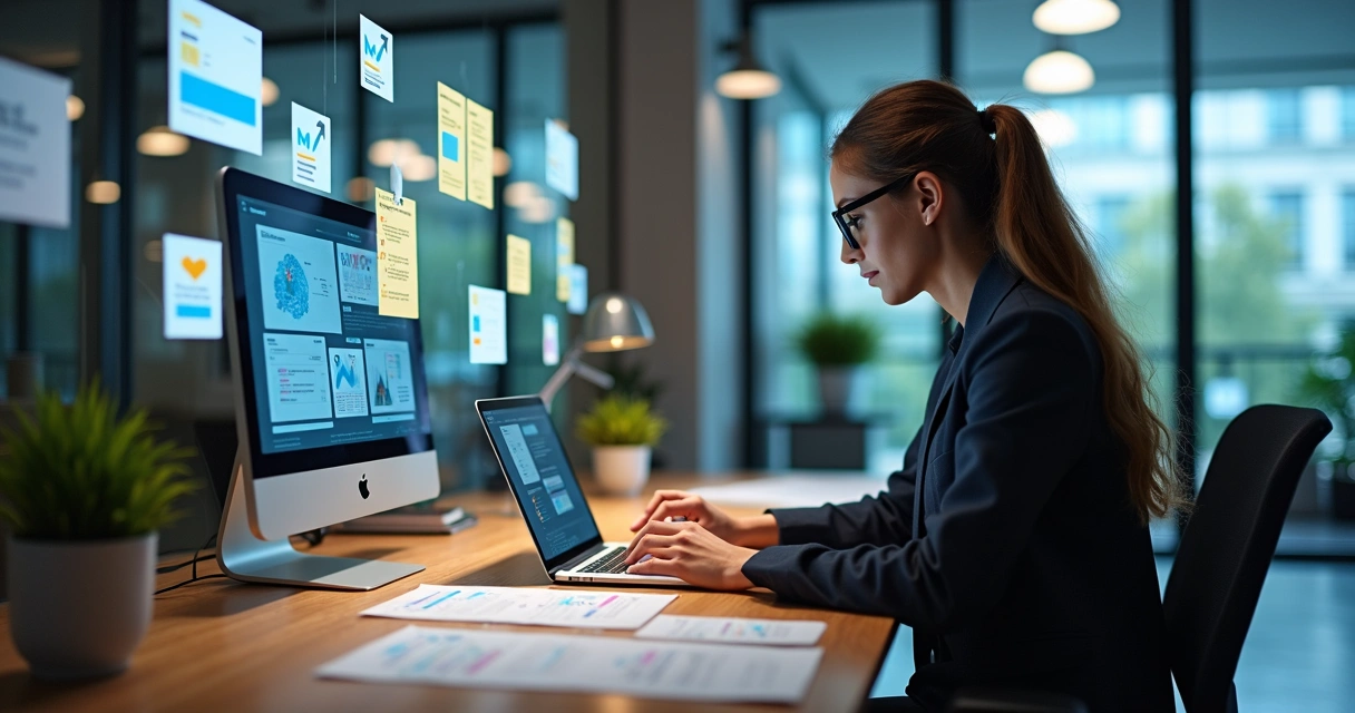 Analista de branding revisando anotações de clientes e dados digitais em ambiente de trabalho moderno. 