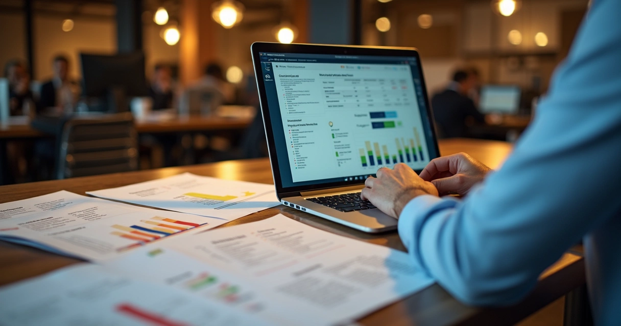 Profissional analisando feedbacks dos clientes em papéis e computador