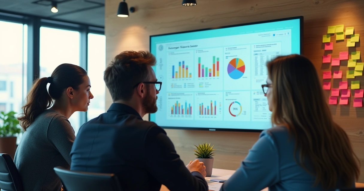 Equipe analisando gráficos de feedback exibidos em tela grande 