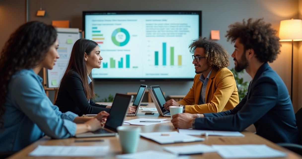 Equipe discutindo pesquisas e feedback de clientes.