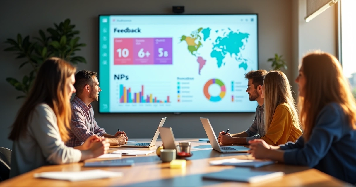 Equipe analisando gráfico de feedback para crescimento do negócio