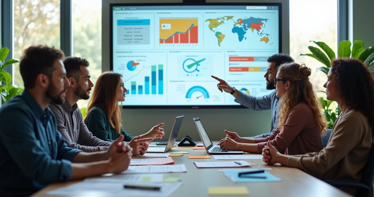 Equipe analisando resultados de pesquisas de satisfação em telas grandes 