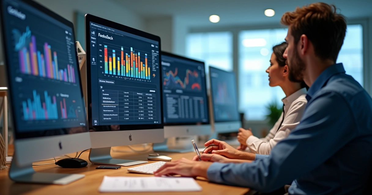 Equipe de RH analisando gráficos de feedback em computadores 