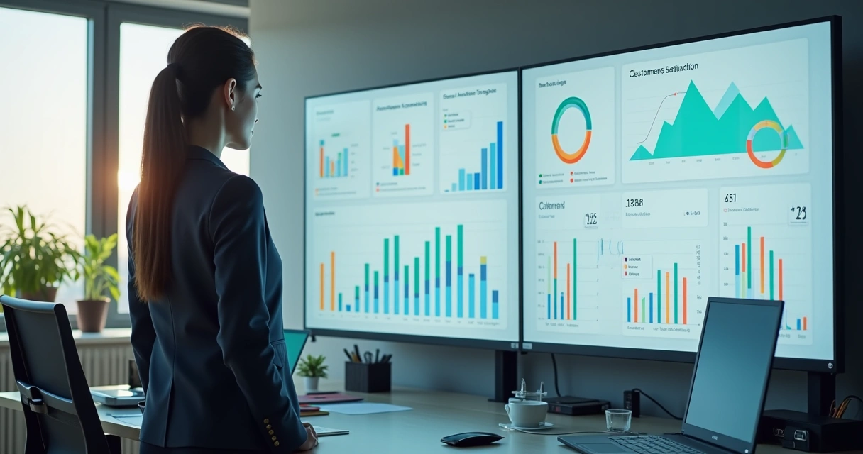 Gestora olhando painéis com resultados de feedback digital, gráficos coloridos