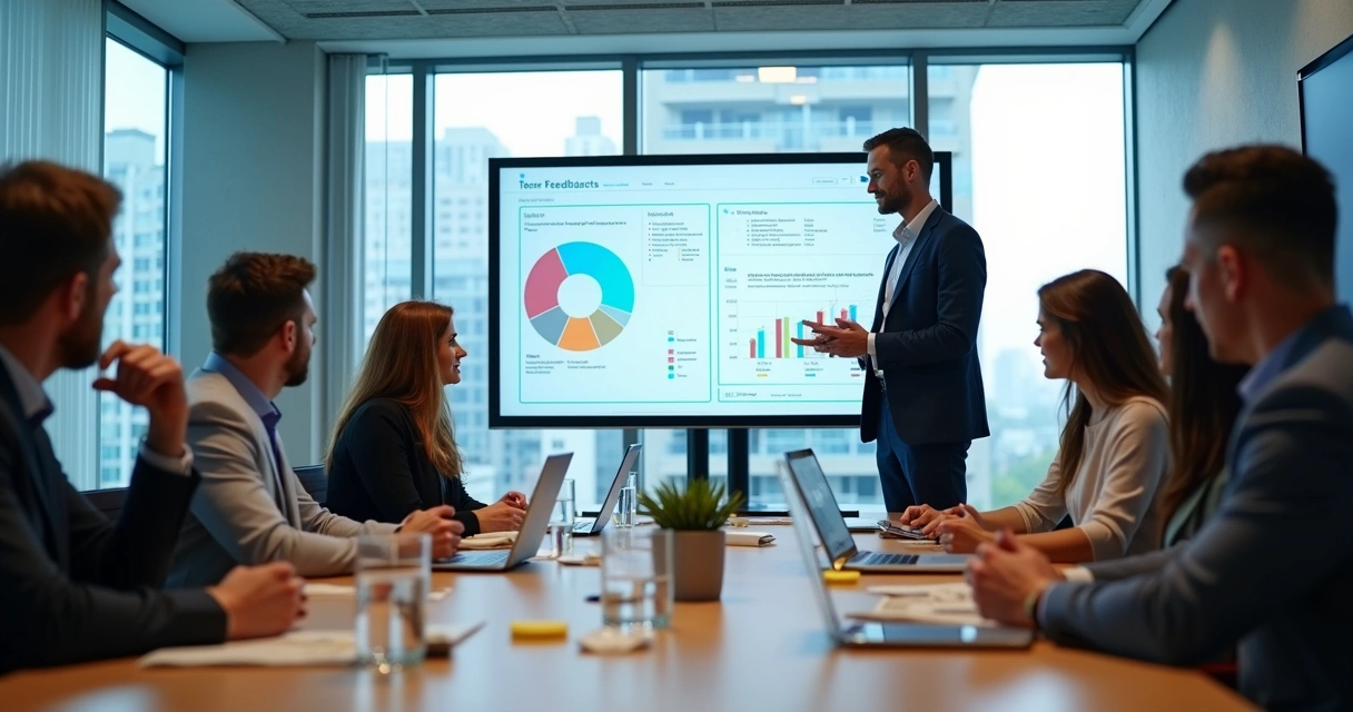 Gestor analisando gráficos de feedback de equipe em tela grande 