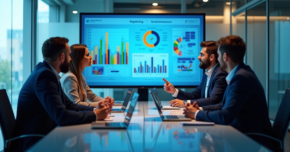 Equipe analisando dados de feedback em telas e gráficos para prever inadimplência 
