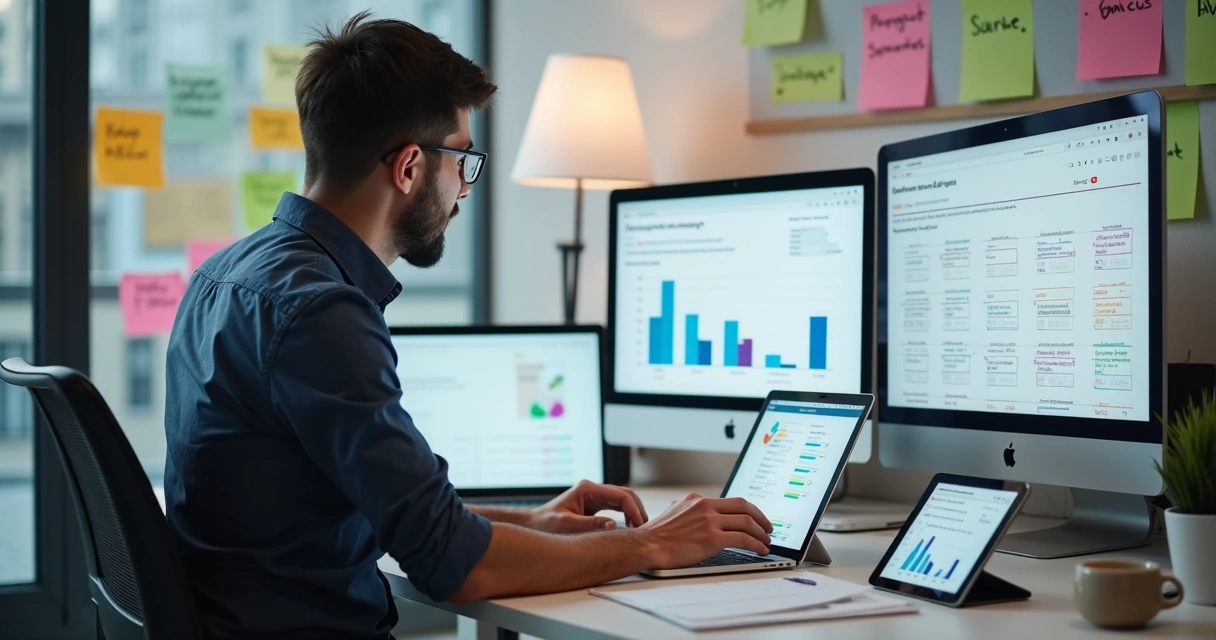 Profissional analisando gráficos de feedback em vários dispositivos