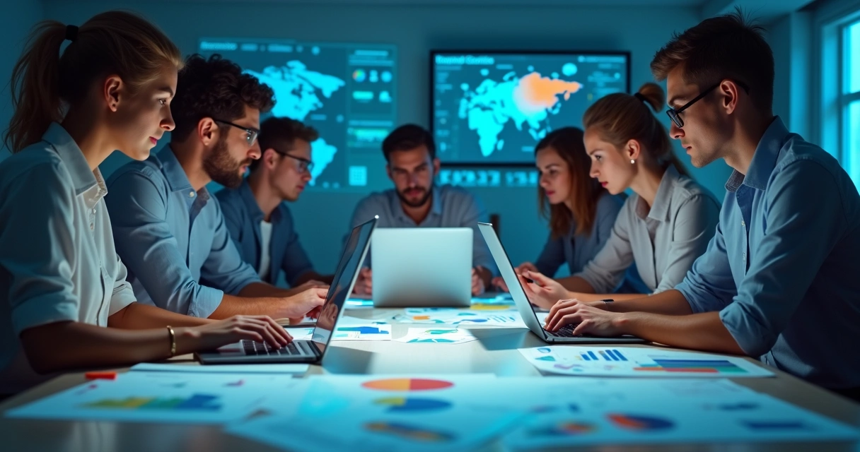 Equipe analisando gráficos de feedback em laptops, focada em dados e padrões 