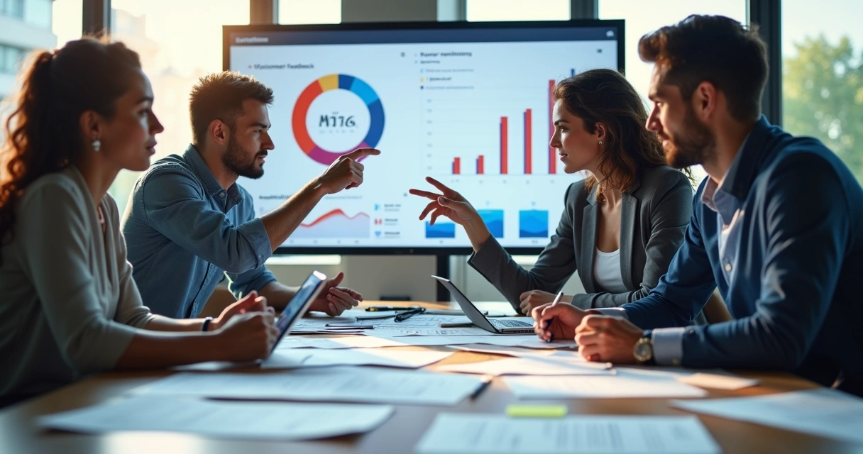 Equipe analisando gráficos de feedback de clientes em uma mesa de escritório 