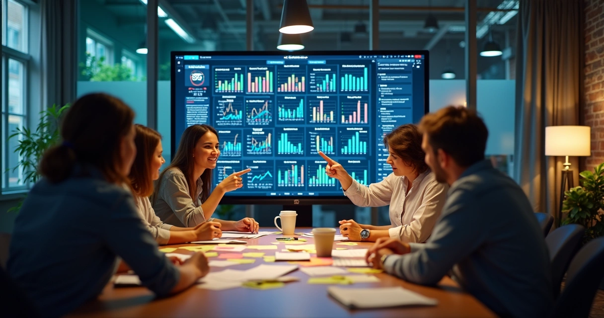 Equipe de tecnologia analisando dados de feedbacks em uma tela grande em ambiente de escritório moderno 