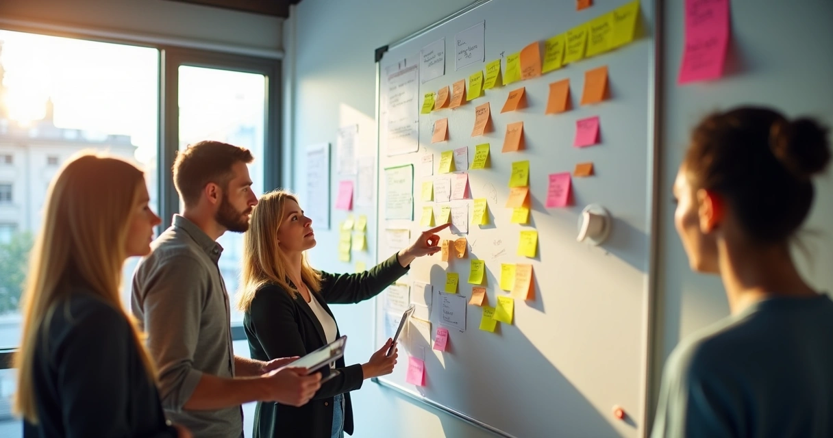 Equipe de tecnologia avaliando quadro branco com post-its coloridos de feedbacks de cliente