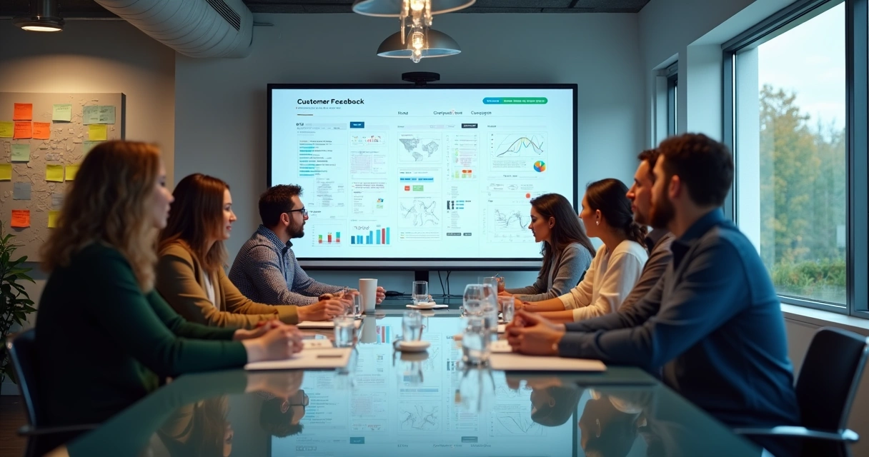 Equipe reunida analisando feedbacks em sala de reunião