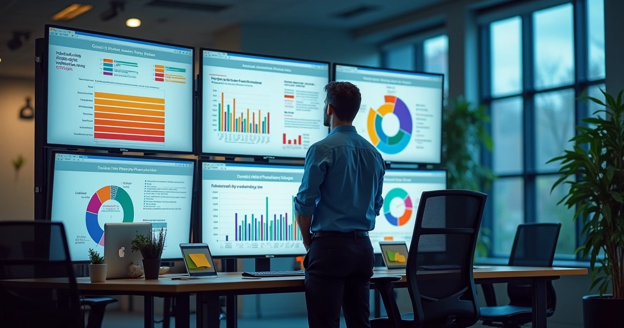 Profissional analisando dados e gráficos em múltiplas telas, destacando feedbacks B2B 