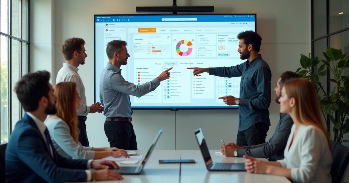 Equipe reunida em volta de uma tela, analisando gráficos e listas de feedbacks de clientes organizados.