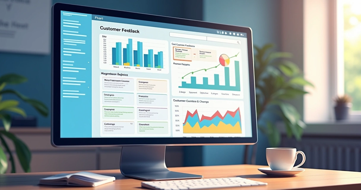 Painel digital exibindo análise de feedbacks organizados e estatísticas em tela clara