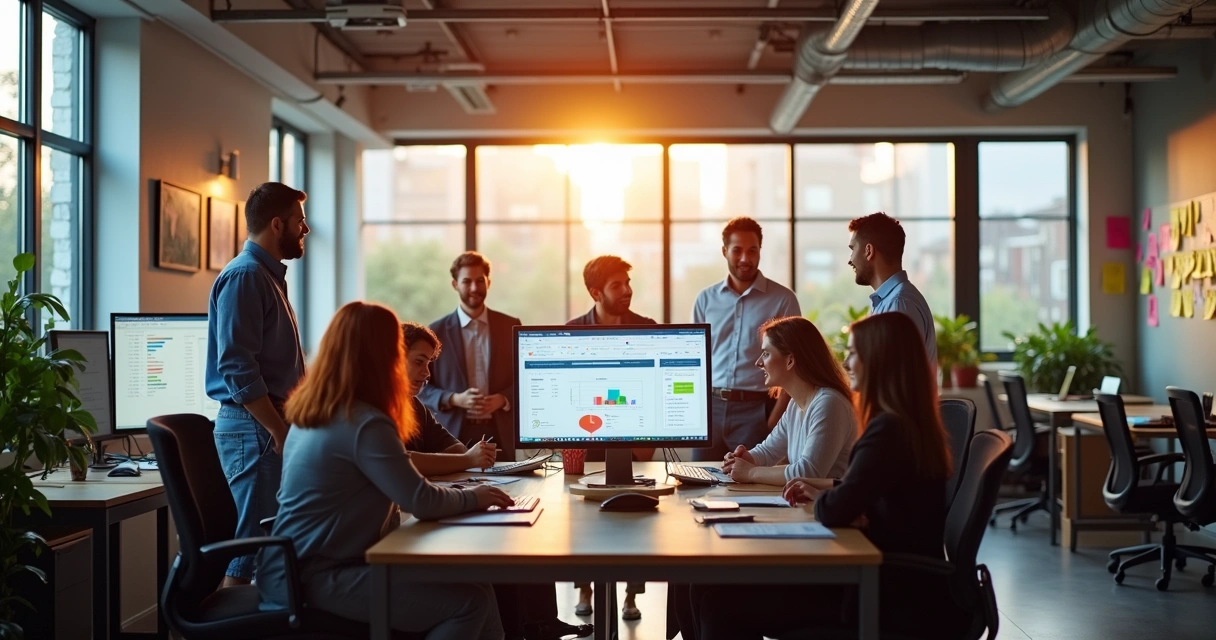 Equipe analisando feedbacks de clientes em monitores 