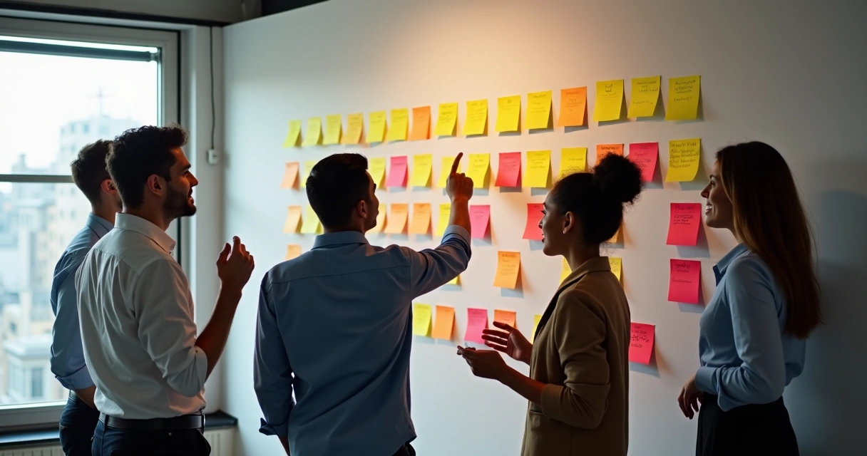 Equipe analisando respostas de clientes em post-its na parede 