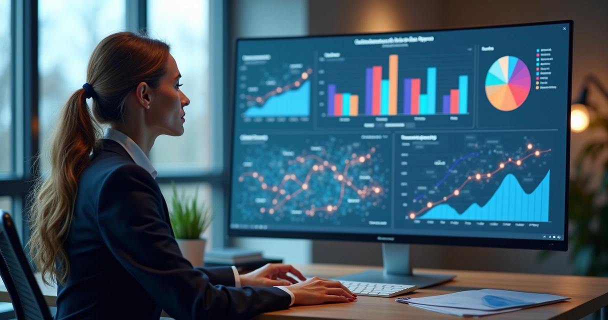 Mulher analisando gráficos de feedback em um painel digital