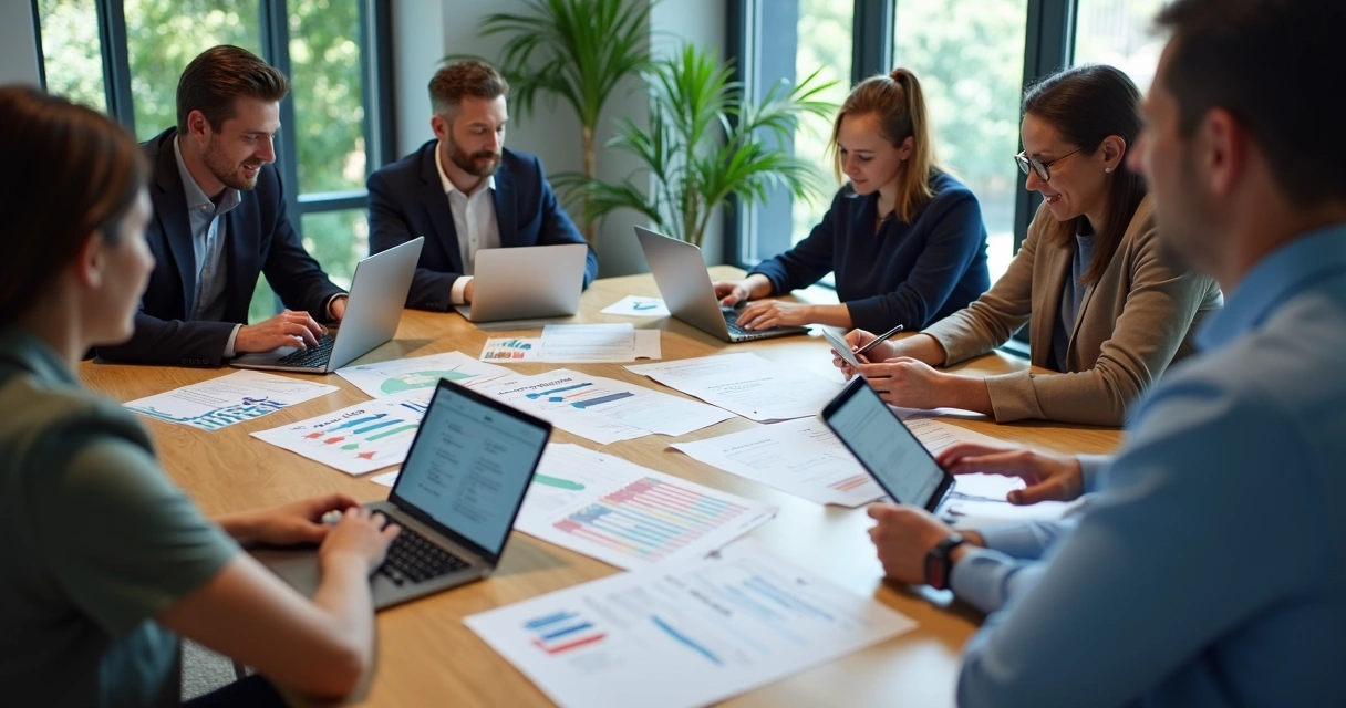 Equipe reunida ao redor de uma mesa analisando feedbacks em diferentes dispositivos 