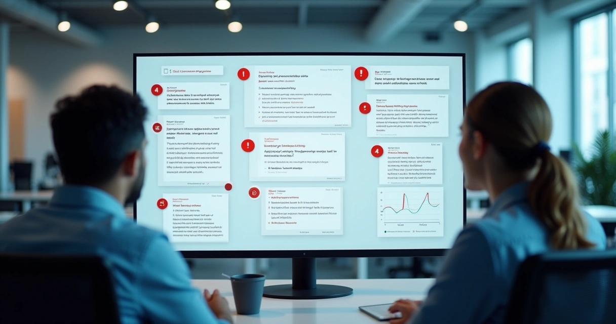 Profissional examinando relatórios de feedback em um monitor, destacando padrões suspeitos 