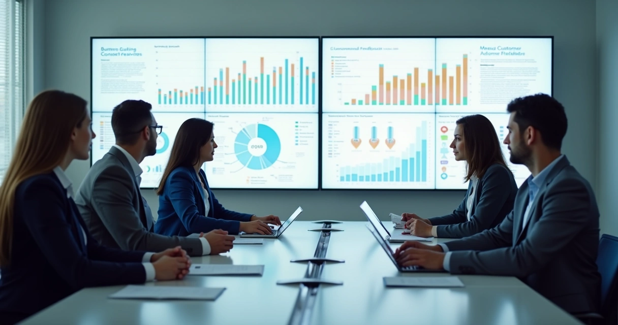 Equipe de análise observando gráficos de feedbacks de clientes em uma sala de reunião moderna