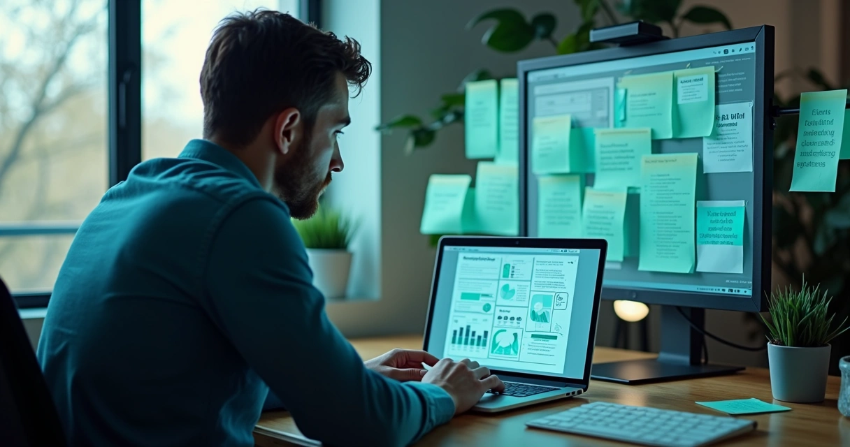 Profissional analisando painéis de feedback em notebook