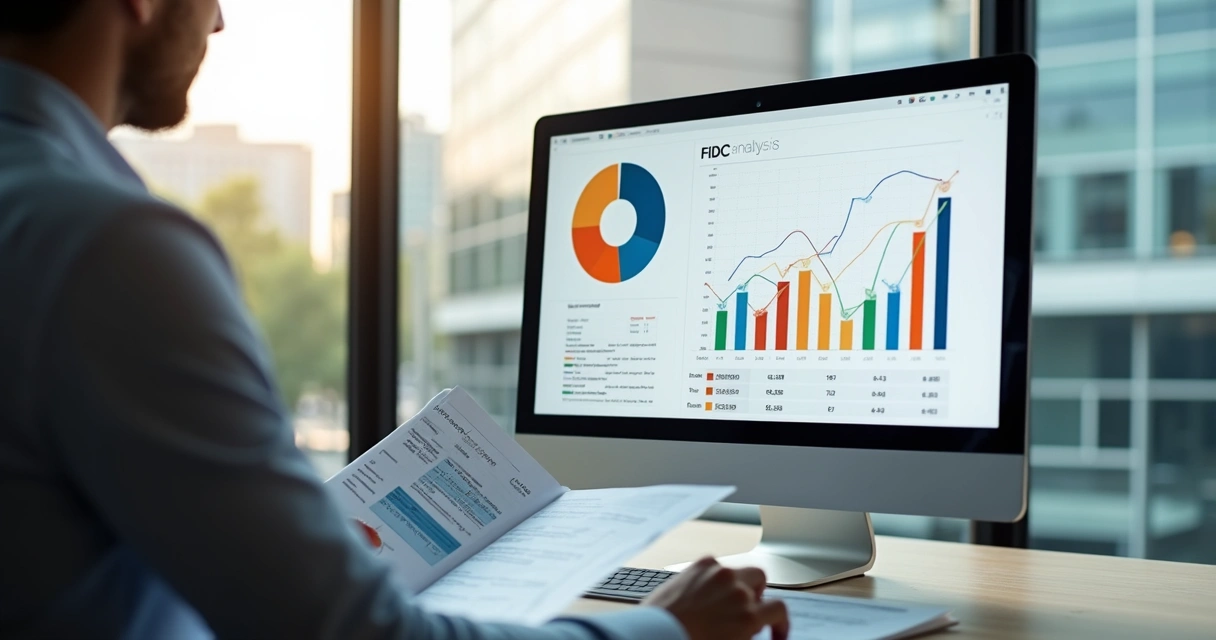 Gráfico de análise de FIDC em tela de computador, com analista financeiro ao lado. 