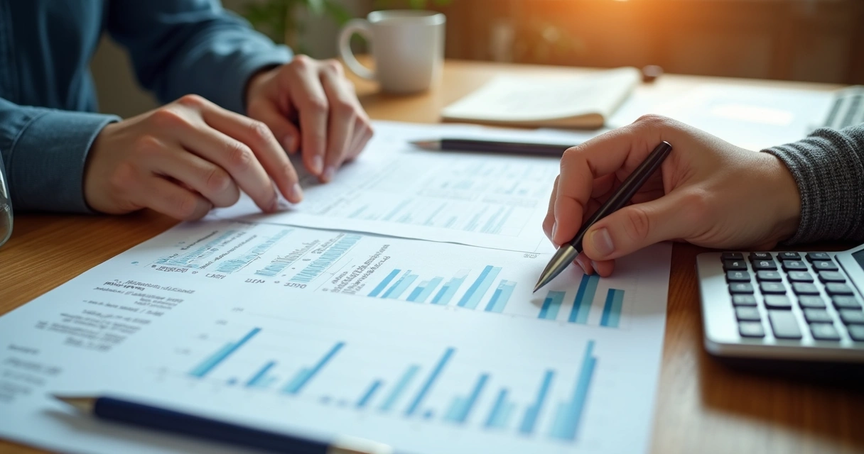 Pessoa analisando documentos financeiros e calculadora em mesa iluminada 