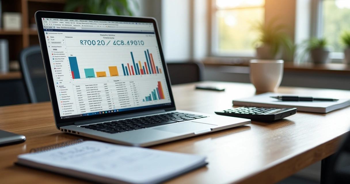 Mesa com notebook mostrando planilha de ROI e gráficos financeiros coloridos, calculadora, caderno de anotações e caneta ao lado 