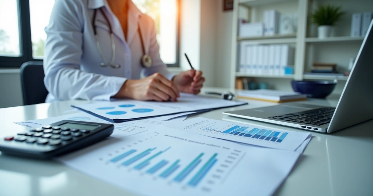 Gestor avaliando relatórios financeiros em clínica