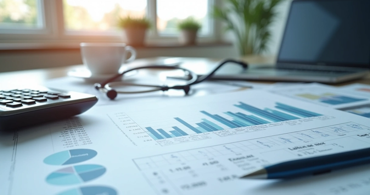 Planilhas e calculadora em mesa de clínica