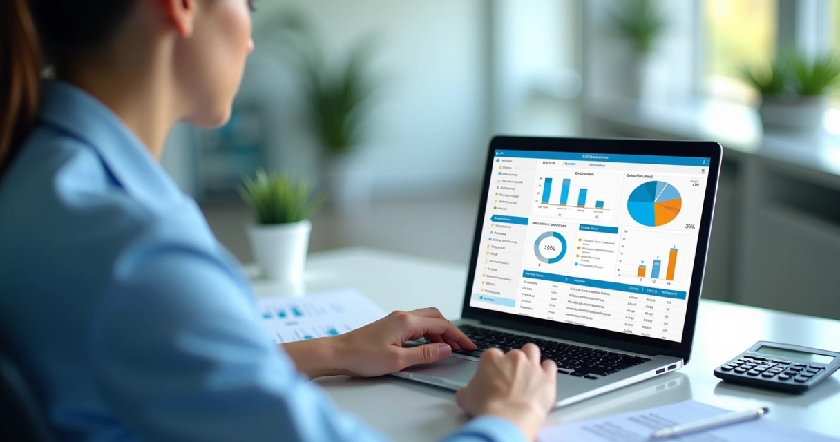 Gestor de clínica analisando indicadores financeiros no notebook