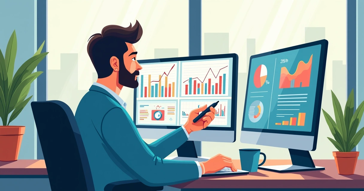 Profissional de contabilidade analisando gráficos financeiros coloridos 