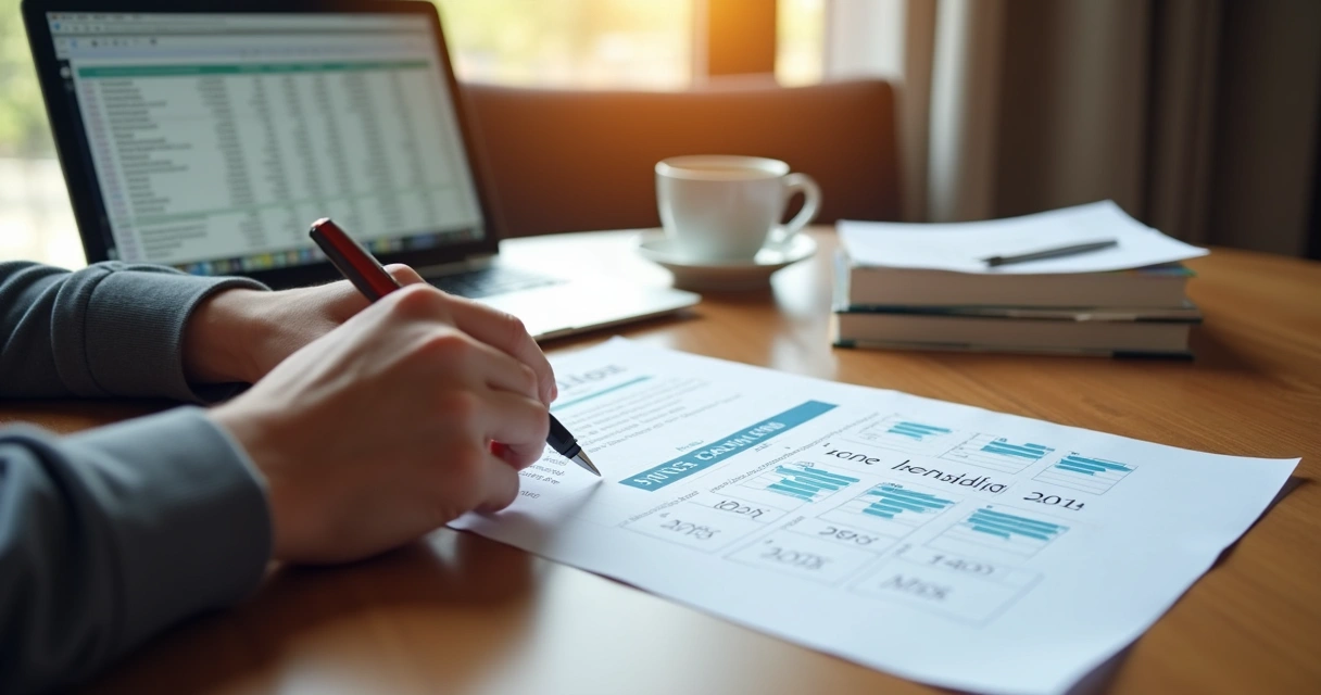 Pessoa analisando contrato e planilha de financiamento