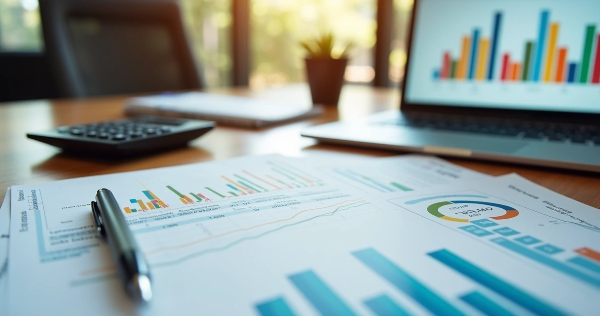 Mesa de trabalho com planilhas financeiras, calculadora e computador exibindo gráficos de desempenho financeiro detalhado 