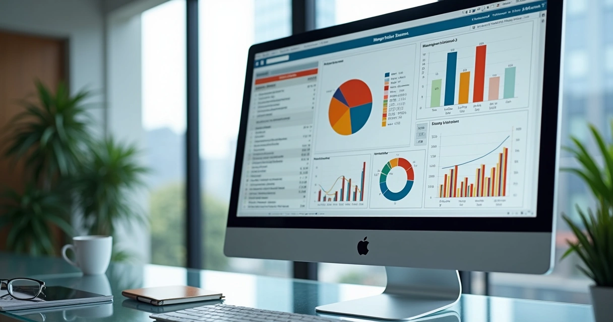 Tela de computador exibindo DRE gerencial com gráficos e números financeiros detalhados 