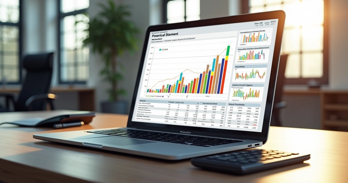 Computador aberto exibindo planilha de DRE com gráficos financeiros detalhados e calculadora ao lado 