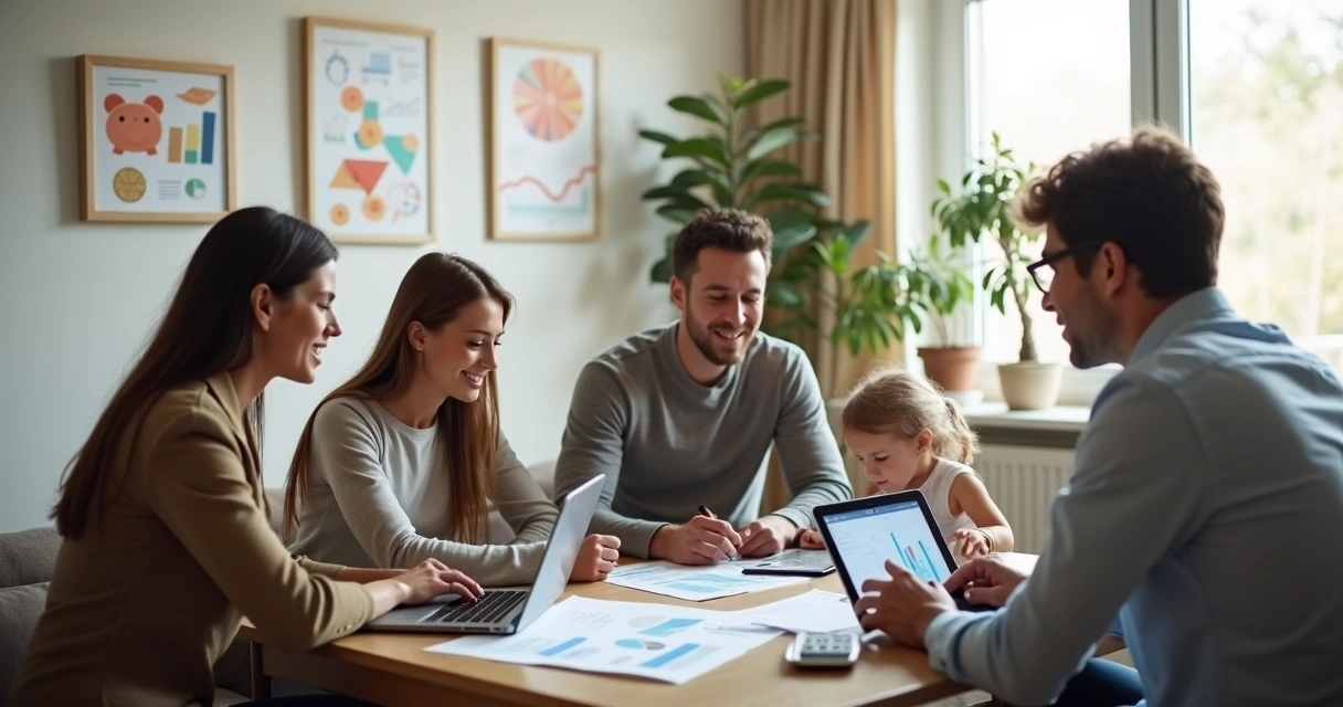 Família reunida analisando orçamento com consultor 