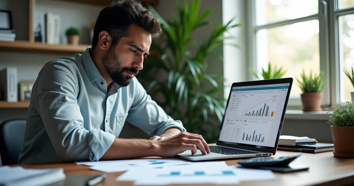 Empreendedor analisando gráficos e fluxo de caixa em um laptop 