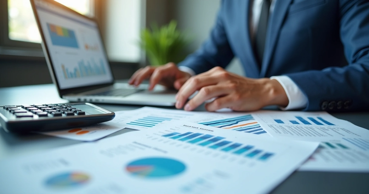 Gestor analisando gráficos financeiros em mesa de trabalho 