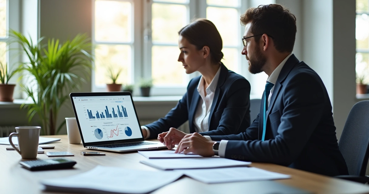 Dois profissionais analisando gráficos de desempenho financeiro em um notebook sobre uma mesa de escritório