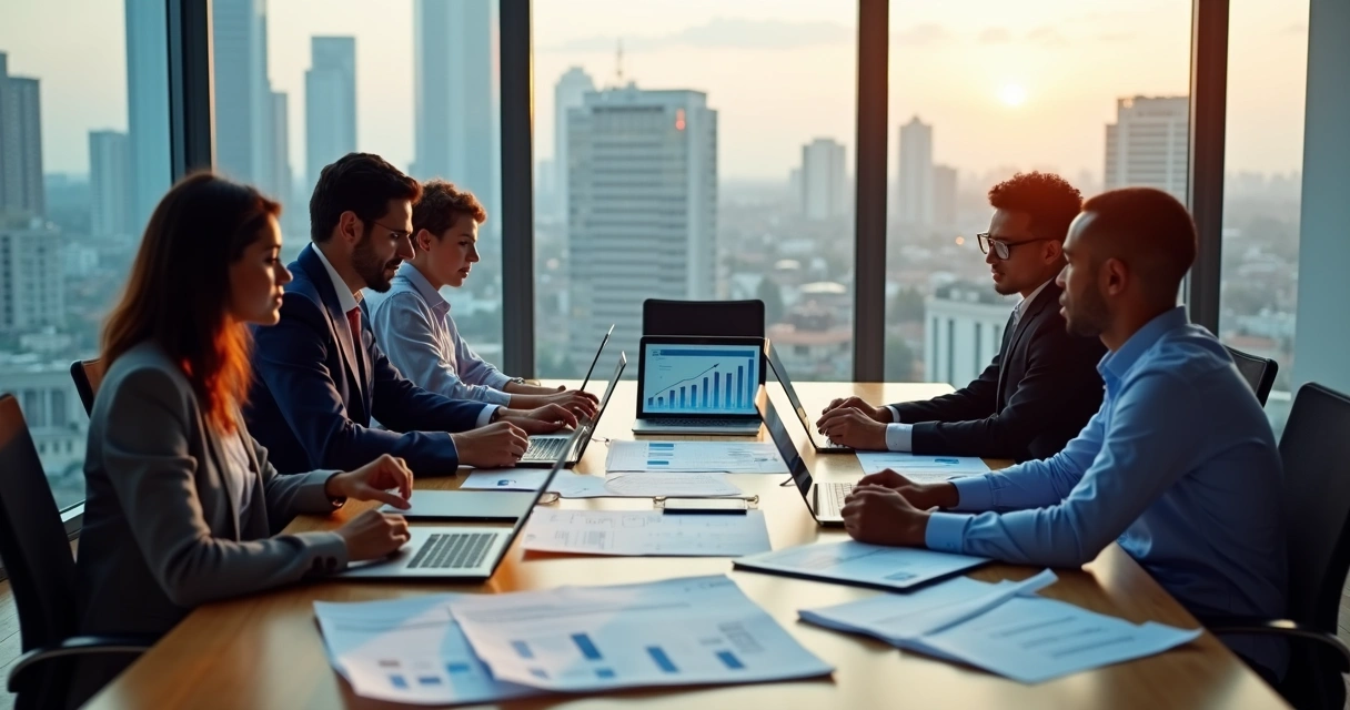 Equipe analisando relatórios financeiros em escritório moderno 
