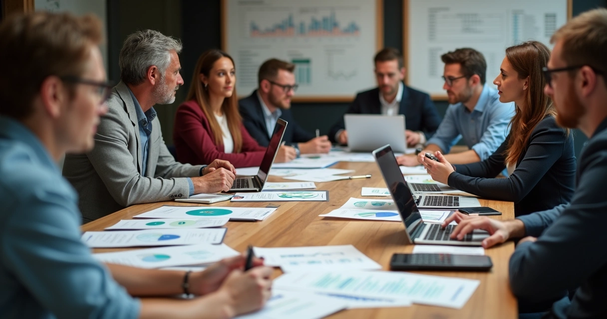 Pessoas ao redor de mesa analisando gráficos financeiros em laptops e papéis 