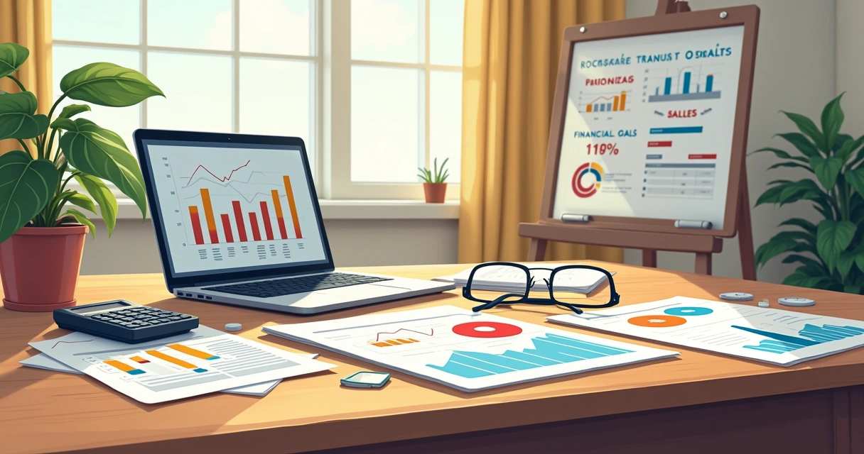 Ambiente de escritório com documentos financeiros, laptop com gráficos, e quadro com metas financeiras.