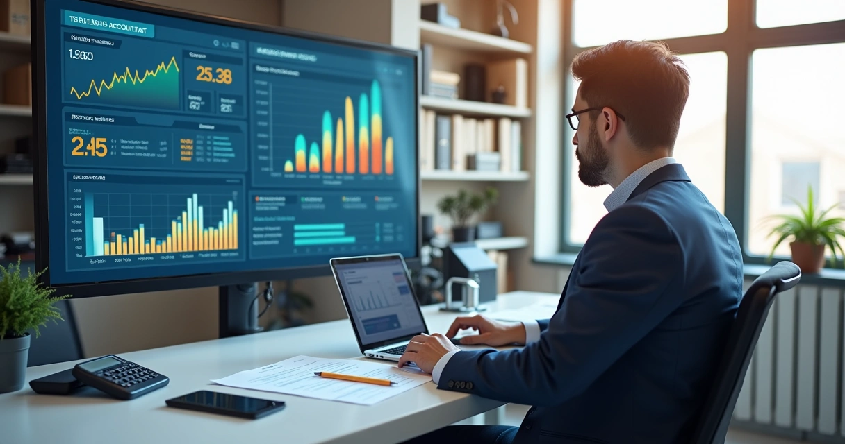 Analista observando dashboard financeiro em escritório de contabilidade