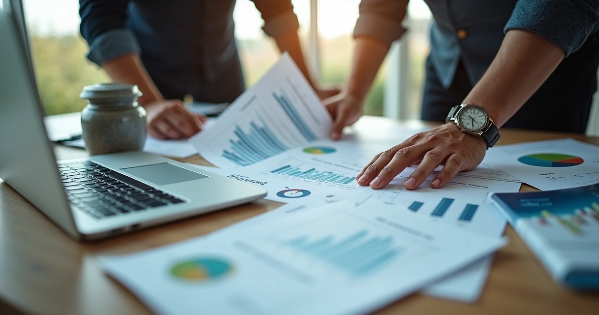 Gestor analisando relatórios financeiros na empresa funerária 