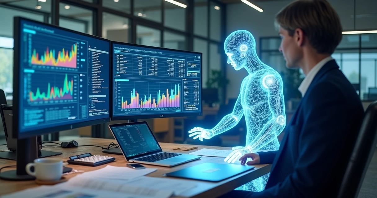 Gráficos financeiros coloridos sendo analisados por um agente de IA digital ao lado de papéis e notebook 