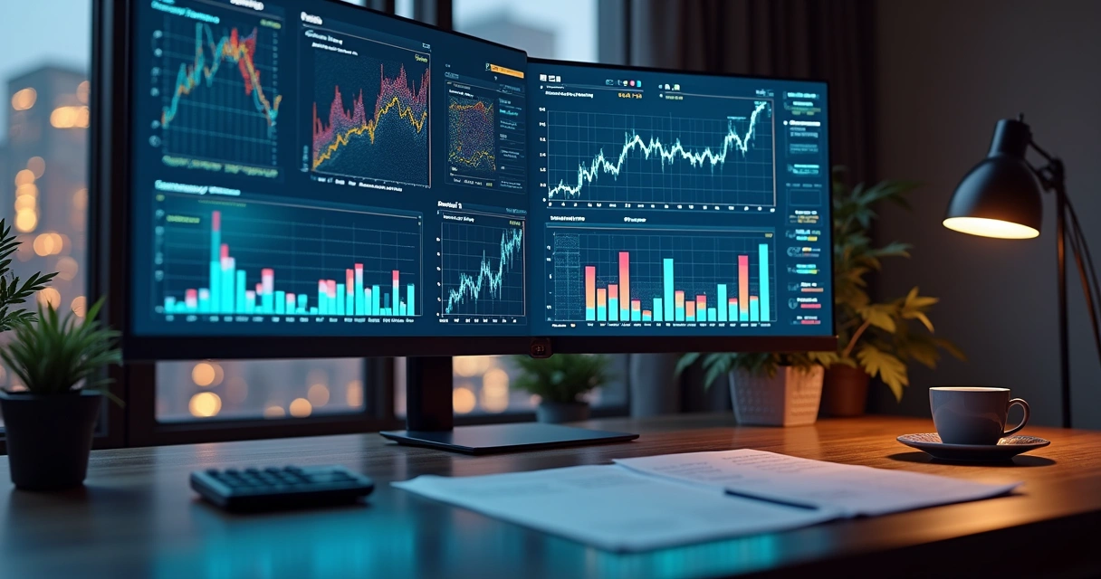 Tela de computador exibindo gráficos financeiros detalhados por IA 