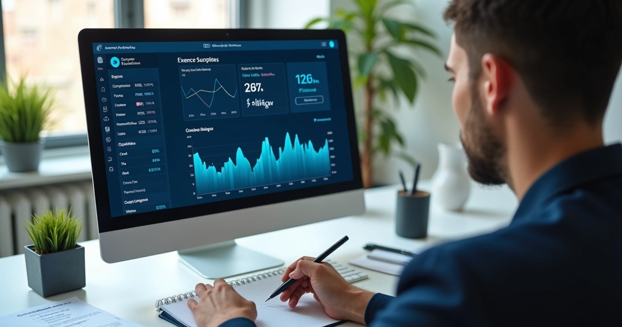 Profissional analisando gráficos financeiros em notebook com apoio de IA