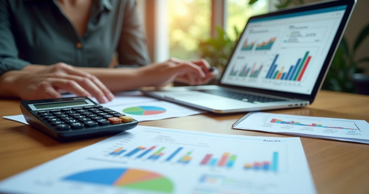 Mesa com calculadora, notebook mostrando gráficos financeiros e documentos com números para análise de investimentos imobiliários em leilão 